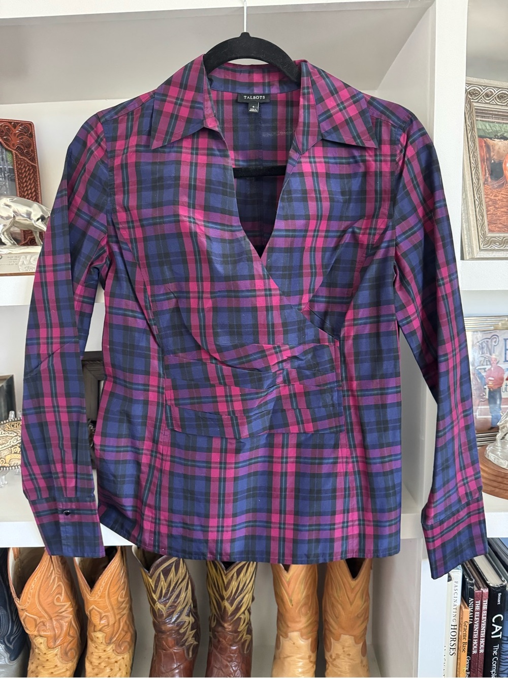 Talbots Pink and Navy Plaid Wrap-Front Button-Down Shirt - Picture 1 of 6